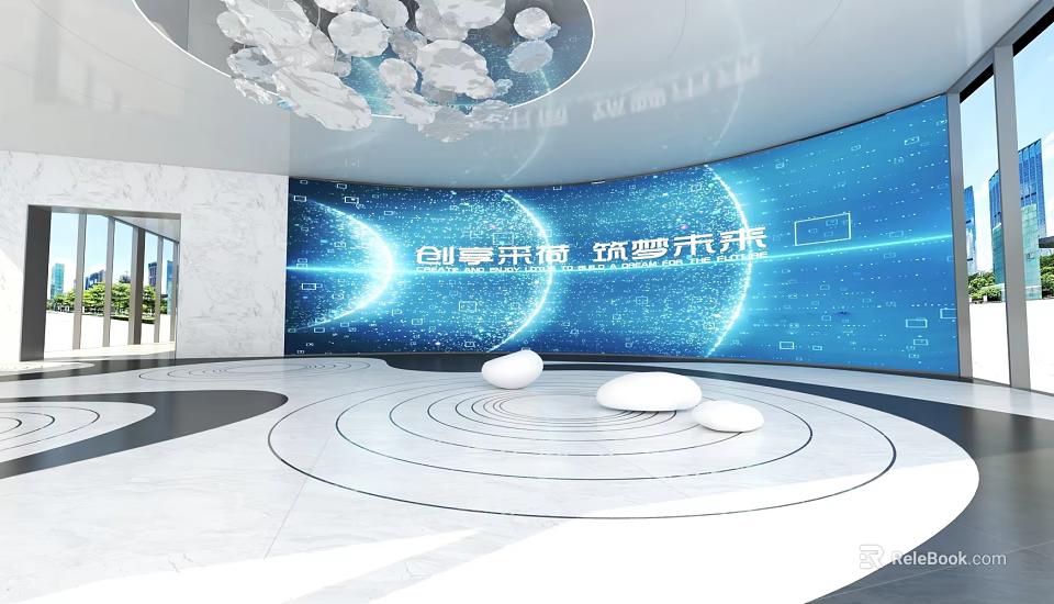 Modern Open Source Innovation Space With Blue Screen Circular Floor And White Spheres 3d model 
