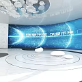Modern Open Source Innovation Space With Blue Screen Circular Floor And White Spheres 3d model