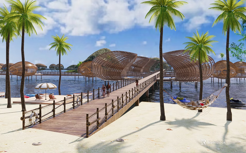 Tropical Beach Scenery with Palm Trees Wooden Boardwalk Thatched Roof Buildings and Hammocks 3d model 