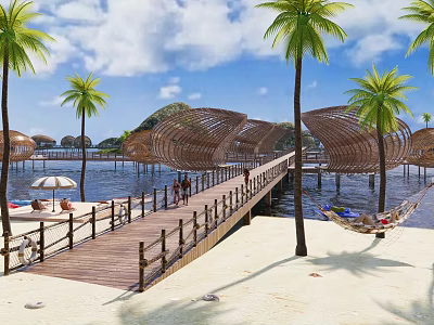 Tropical Beach Scenery with Palm Trees Wooden Boardwalk Thatched Roof Buildings and Hammocks 3d model