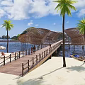 Tropical Beach Scenery with Palm Trees Wooden Boardwalk Thatched Roof Buildings and Hammocks