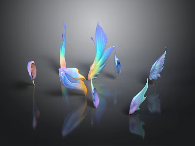 Colorful Iridescent Feather Shaped Decorative Sculptures On Dark Background With Reflections 3d model