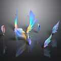 Colorful Iridescent Feather Shaped Decorative Sculptures On Dark Background With Reflections