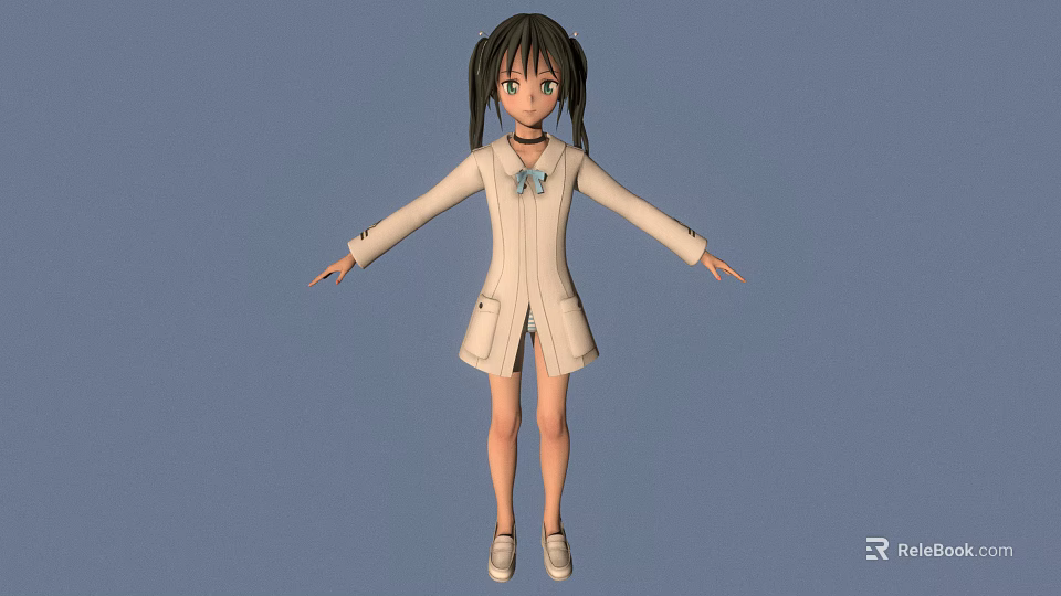 3D Anime Character With Pigtails Green Eyes Beige Coat Bow Tie Short Skirt Outstretched Arms 3d model 