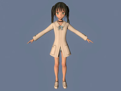 3D Anime Character With Pigtails Green Eyes Beige Coat Bow Tie Short Skirt Outstretched Arms 3d model