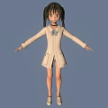3D Anime Character With Pigtails Green Eyes Beige Coat Bow Tie Short Skirt Outstretched Arms