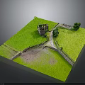 Miniature Castle Model on Scenic Green Grassland With Pathway and Trees