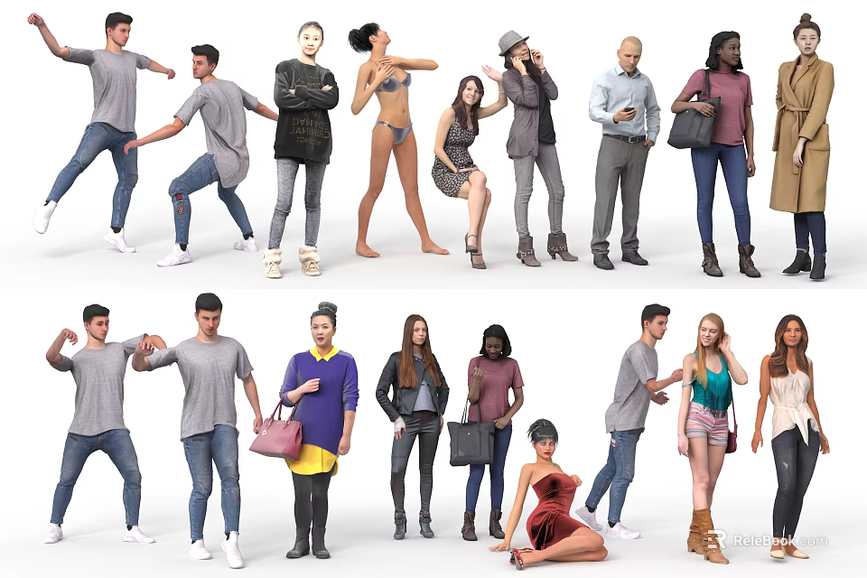 Multiple People 3D Models With Various Poses And Different Outfits 3d model 