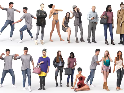 Multiple People 3D Models With Various Poses And Different Outfits 3d model