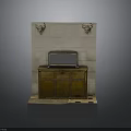 Classic Golden Furniture Cabinet On Stone Wall With Deer Head Decorations And Vintage Radio