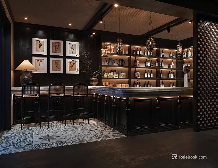 Elegant Bar Interior With Dark Wood Counter Bar Stools Decorative Paintings And Wine Shelves 3d model 