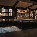 Elegant Bar Interior With Dark Wood Counter Bar Stools Decorative Paintings And Wine Shelves