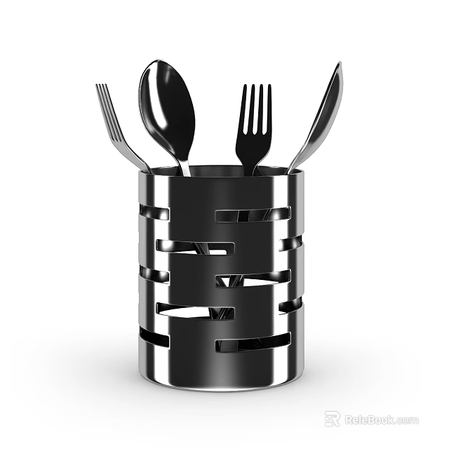 Stainless Steel Kitchen Utensil Set With Forks Spoons Knives In Metal Caddy 3d model 