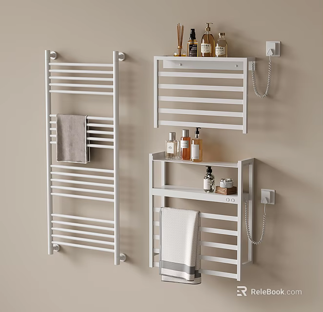 Modern Bathroom Accessories With Heated Towel Rails Wall Mounted Shelves Towels And Toiletries 3d model 