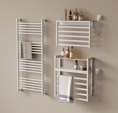 Modern Bathroom Accessories With Heated Towel Rails Wall Mounted Shelves Towels And Toiletries 3d model