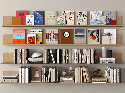 Neatly Arranged Books And Magazines On Wooden Shelves With Varied Covers And Decorative Items 3d model