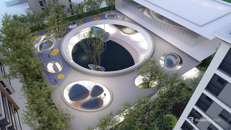 Modern Pergola Structure with Circular Water Feature and Green Trees in Urban Garden 3d model 