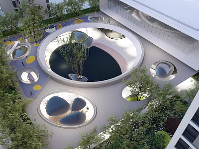 Modern Pergola Structure with Circular Water Feature and Green Trees in Urban Garden 3d model