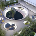 Modern Pergola Structure with Circular Water Feature and Green Trees in Urban Garden