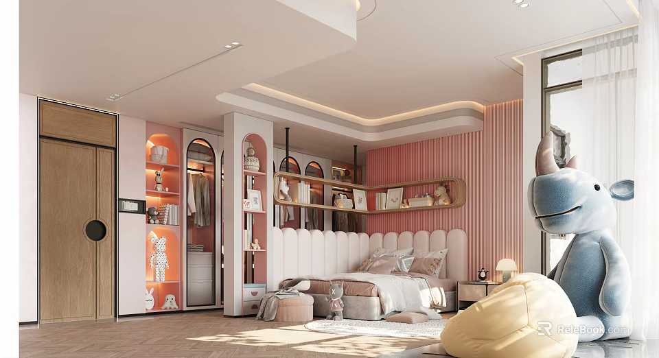 Pastel Pink Kids Bedroom With Cozy Bed And Arched Shelves 3d model 