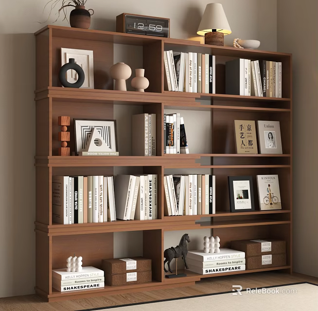 Wooden Bookshelf With Multiple Shelves Books Photo Frames Decorative Items And Storage Boxes 3d model 