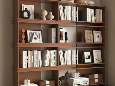 Wooden Bookshelf With Multiple Shelves Books Photo Frames Decorative Items And Storage Boxes 3d model