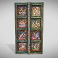Antique Wooden Door Panel With Colorful Traditional Deity Paintings And Intricate Borders