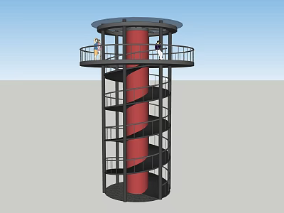 Modern Observation Tower Featuring Red Central Column Black Spiral Staircase And Circular Top Viewing Deck 3d model
