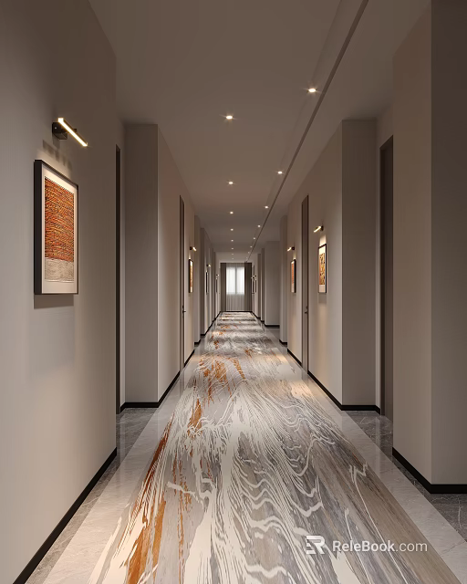 Modern Elegant Hotel Corridor With Wall Art Decor Warm Lights And Polished Marble Floor 3d model 