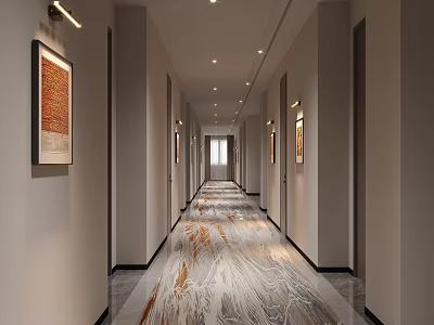 Modern Elegant Hotel Corridor With Wall Art Decor Warm Lights And Polished Marble Floor 3d model