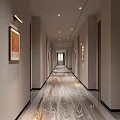 Modern Elegant Hotel Corridor With Wall Art Decor Warm Lights And Polished Marble Floor