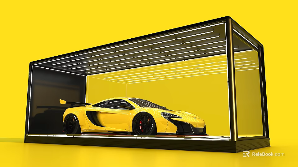 Yellow Sports Car In Modern Display Case With Yellow Background And Black Frame Lighting 3d model 