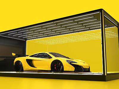 Yellow Sports Car In Modern Display Case With Yellow Background And Black Frame Lighting 3d model