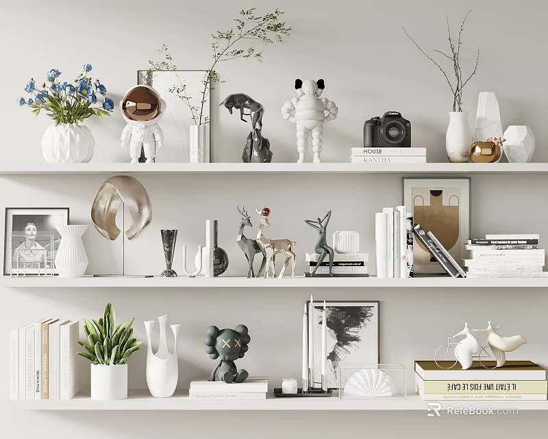 Decorative Ornament Set on Shelves with Vases Sculptures Camera Books and Plants 3d model 