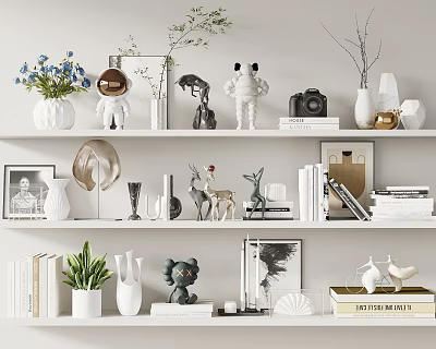 Decorative Ornament Set on Shelves with Vases Sculptures Camera Books and Plants 3d model