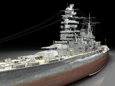 Detailed Battleship Warship Model With Multiple Decks Turrets And Red Hull 3d model