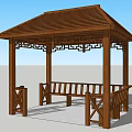 Chinese Traditional Wooden Pavilion With Intricate Carved Roof And Bench Seating