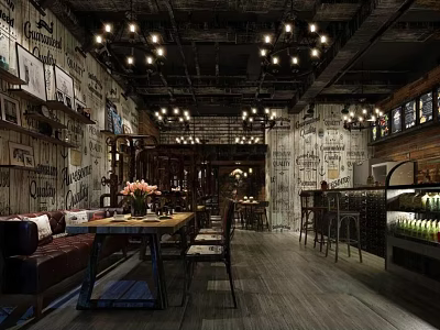 Cozy Café Interior With Vintage Pendant Lights Wooden Tables And Wall Art 3d model