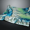 Realistic 3D Garden Landscape Model Featuring Mountains Green Vegetation and Blue Water Bodies