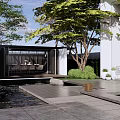 Tranquil Courtyard Garden With Cherry Blossom Tree Pavilion Water Feature And Lush Greenery