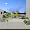 Courtyard Garden Evening Scene With Moonlit Stone Path Arched Gateway Lush Plants And Soft Lighting