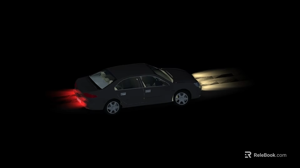Black Sedan Car Driving At Night With Bright Headlights And Taillights 3d model 