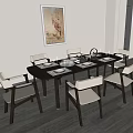 Modern Dining Table Set with Wooden Frame Beige Seats Wall Art and Storage Cabinets