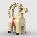 Beige Goat Model Made of Building Blocks With Red Stripe and Curved Horns