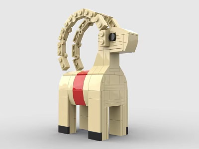 Beige Goat Model Made of Building Blocks With Red Stripe and Curved Horns 3d model