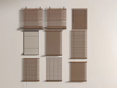 Various Styles of Window Blinds in Different Colors and Wooden Textures Displayed on White Background 3d model