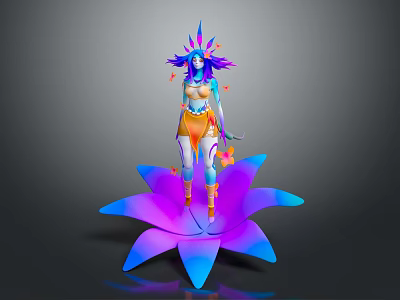 Female Character With Floral Headdress Standing On Large Purple Blue Gradient Flower With Falling Petals 3d model