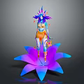 Female Character With Floral Headdress Standing On Large Purple Blue Gradient Flower With Falling Petals