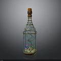Decorative Glass Bottle With Orange Cork Golden Frame Green Plants Purple Flowers And Seashells