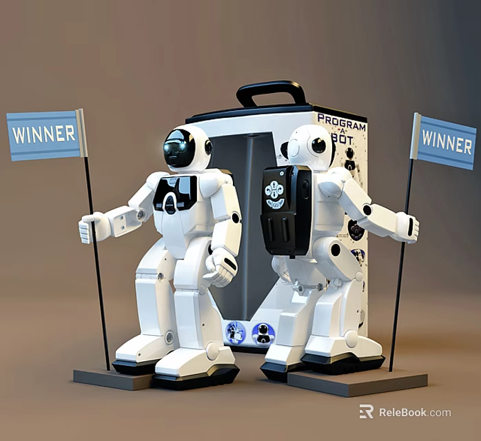 Two White Robots Holding Winner Flags In Front Of Program Display Case 3d model